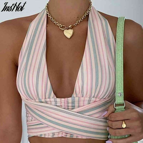 Tiefer V-Ausschnitt Strick Crop Top Frauen rückenfrei schulterfrei Sommer Strand Neckholder Bandage gestreift Sexy Top Tanks 210514