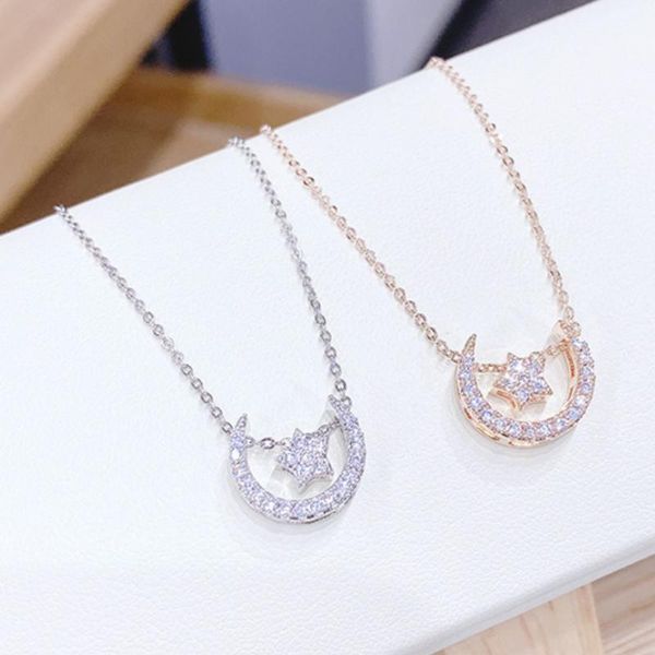 

chains botu 2021 micro-inlaid zircon necklace exquisite simple rose gold plated pendant moon girl for women, Silver