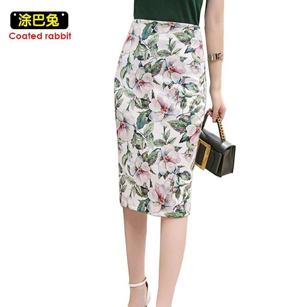 

women midi plus size summer skirt aesthetic 2021 fashion high stretch floral print knee waist pencil  saia skirts, Black