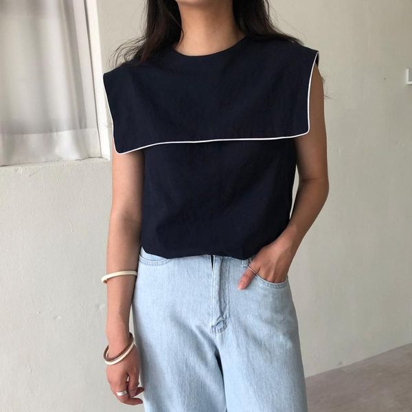 

chic korean fashion summer blouse round collar sleeveless spring japan style women shirt tide women's blouses & shirts, White