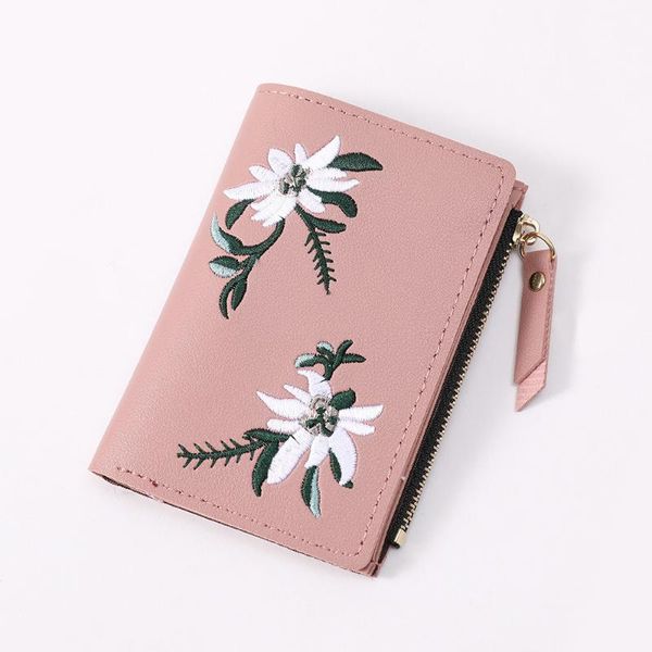 

wallets korean trend small women's wallet made of leather embrodiery floral thin purse short slim for women cute cartera mujer, Red;black