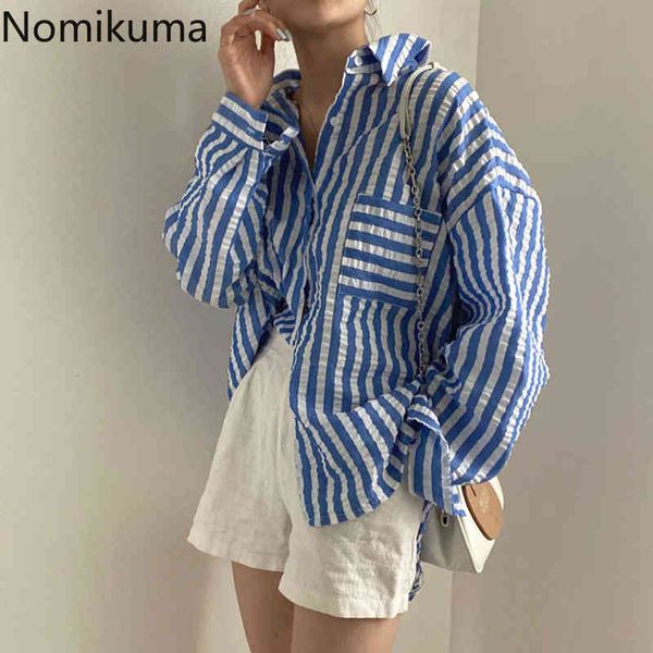 

nomikuma striped shirts women turn down collar long sleeve vintage blouse single breasted korean bf style blusas 3c540 210514, White