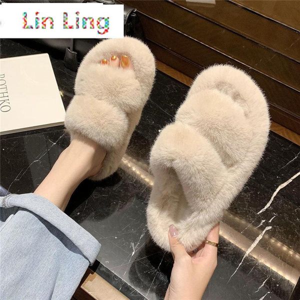 

fashion girl fluffy slides casual soft flat slippers furry warm quality lazy flip flops plush ins tube, Black
