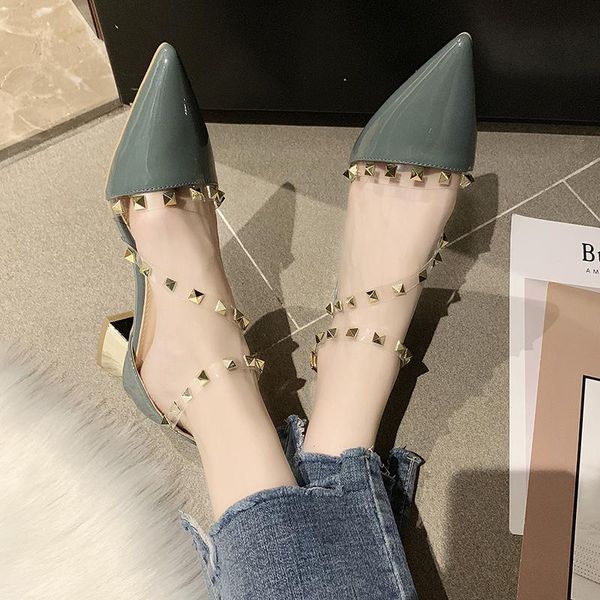 

sandals 2021 spring summer fashion buckle strap high heel women pointed rivet shoes party with zapatillas mujer, Black