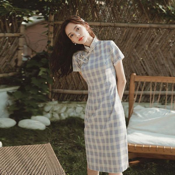 

ethnic clothing sweet girl plaid dress chinese women slim cheongsam short sleeve summer qipao vestidos vintage streetwear robe gown, Red