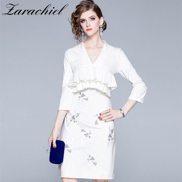 

small fragrant flower embroidery ruffles autumn winter women runway v-neck high waist vintage elegant office dress 210416, Black;gray