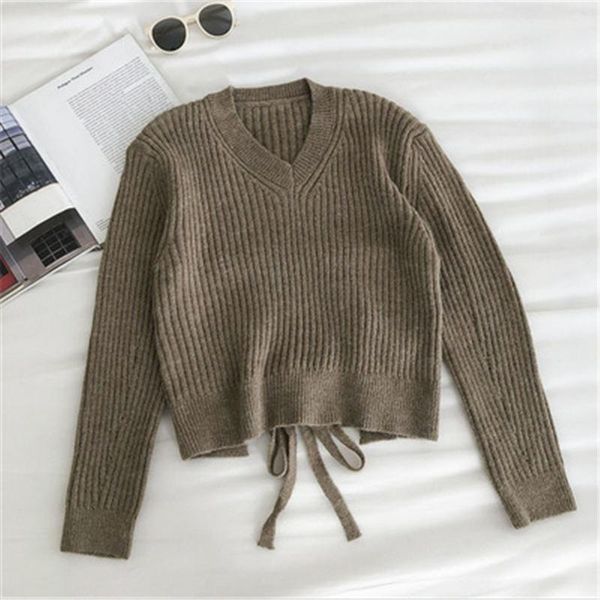 

women's sweaters korean vintage v-neck long sleeve women sweater back bow bandage hollow-out pullover knitwear 2021 pull femme, White;black