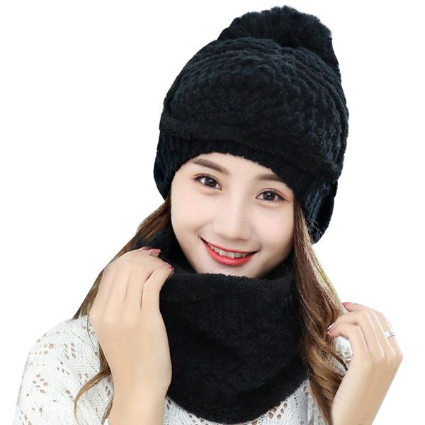 

3-piece set womens winter plus velvet hat thickend knitted scarf face cover outdoor drop hats, Black;white