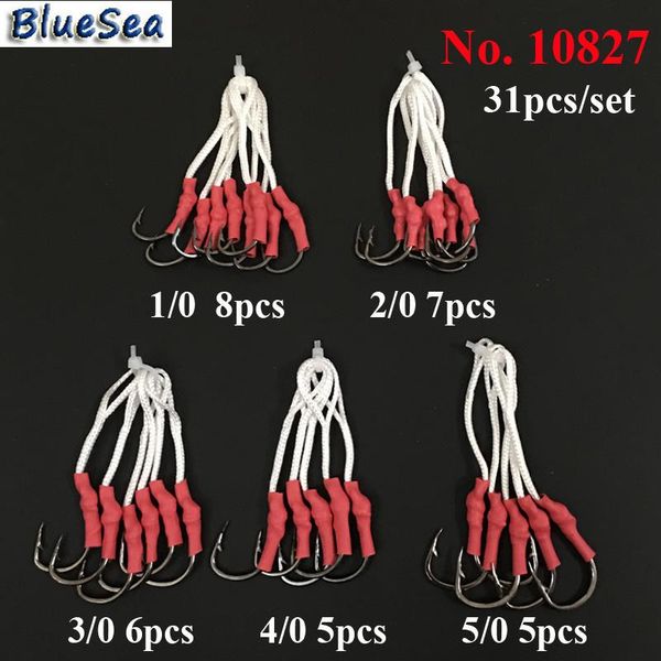

bluesea 31pcs/set 10827 1/0 2/0 3/0 4/0 5/0 stainless steel jig assist fish hooks jigging bait fishing hook with tube