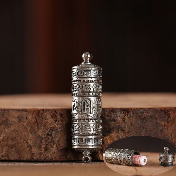 

tibet buddhism six words scripture rotatable lockets pendants necklace sanskrit amulet prayer wheel fine copper storage case jewelry om mani, Silver