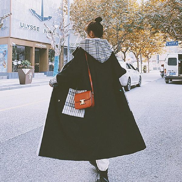 

women's wool & blends stitching woolen black coat korean version 2021 autumn winter casual gentle all-match lady femme