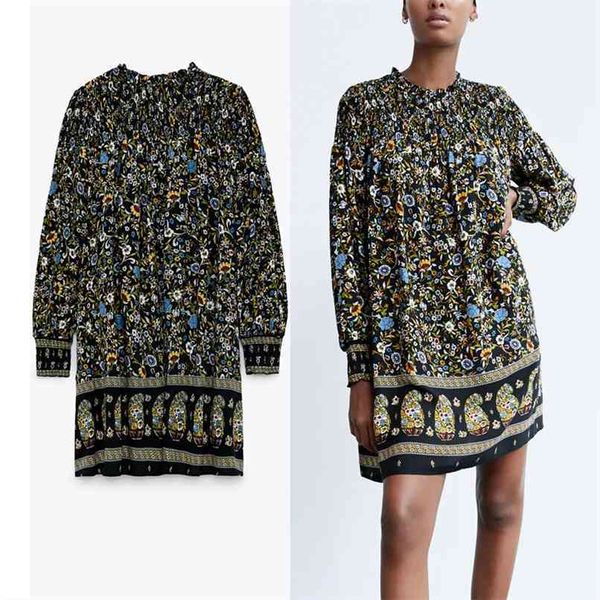 

dress women vintage floral print mini o-neck long sleeve smocked elastic trim back opening short es woman 210524, Black;gray