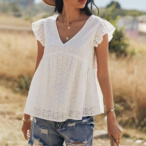 

women's t-shirt summer women white hollow out v-neck cotton loose butterfly sleeve short pink elegant designer camisetas mujer manga c