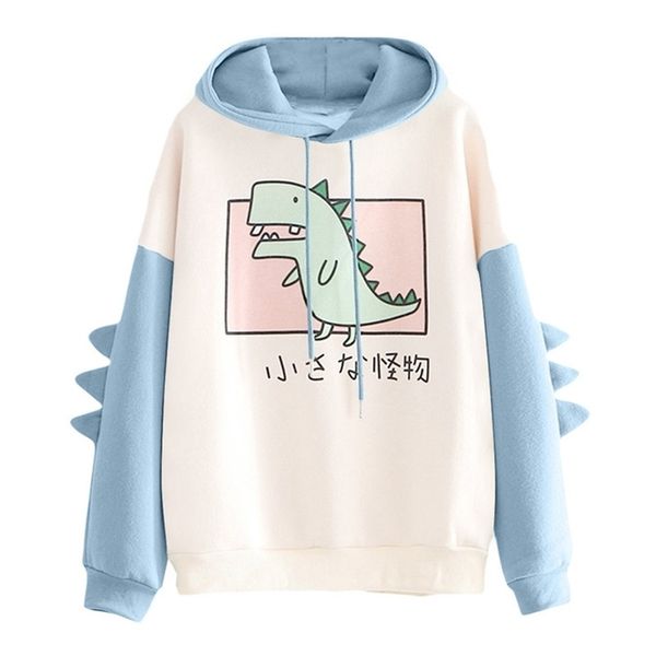 

oversized hoodies women fashion splice dinosaur print sweatshirt casual long sleeve harajuku clothes spring autumn 210813, Black