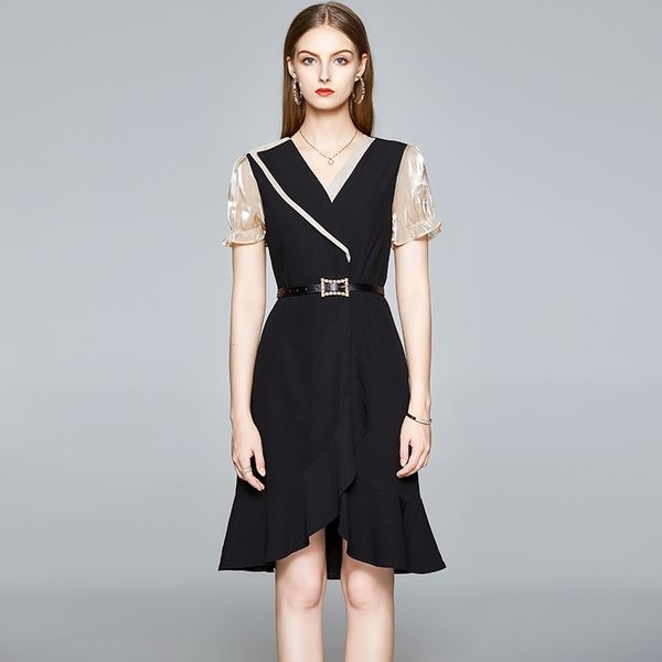 

fashion runway designer summer dress women clothes elegant ol notched collar flare sleeve patchwork party office 210603, Black;gray