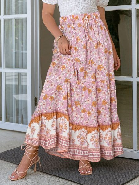 

simplee plus floral print ruffle hem skirt 49vy#, Black