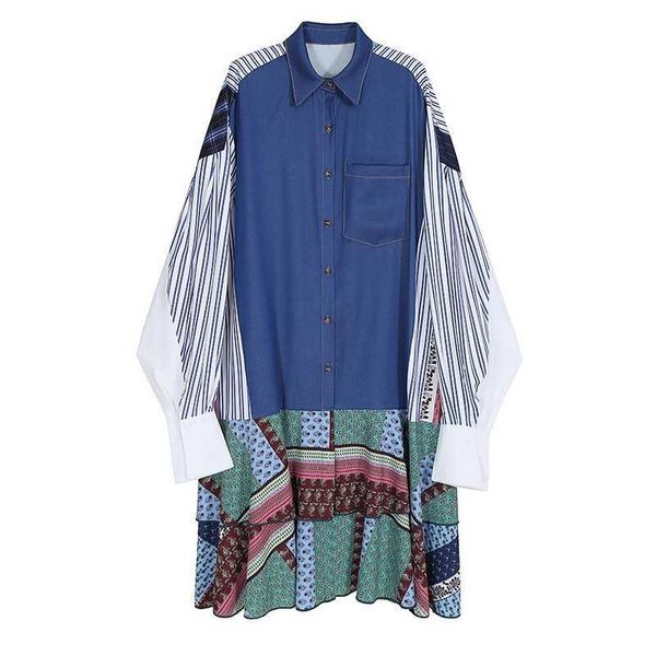 

patchwork puff sleeve women dresses vintage print turn-down collar casual loose vestidos korean spring femme robe 210525, Black;gray