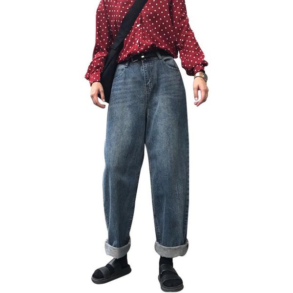 

autumn fashion denim pant women boyfriend high waist loose straight blue cuffs ankle length jeans plus size women's