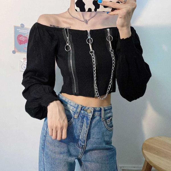 

women's t-shirt crop t-shirts e girl goth clothes metal chain women long sleeve shirt accessories vintage short tee femme ropa mujer, White