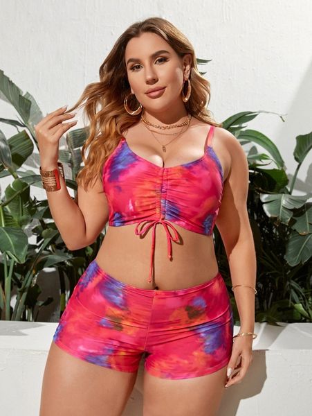 

plus tie dye drawstring bikini swimsuit s0ad#, Black