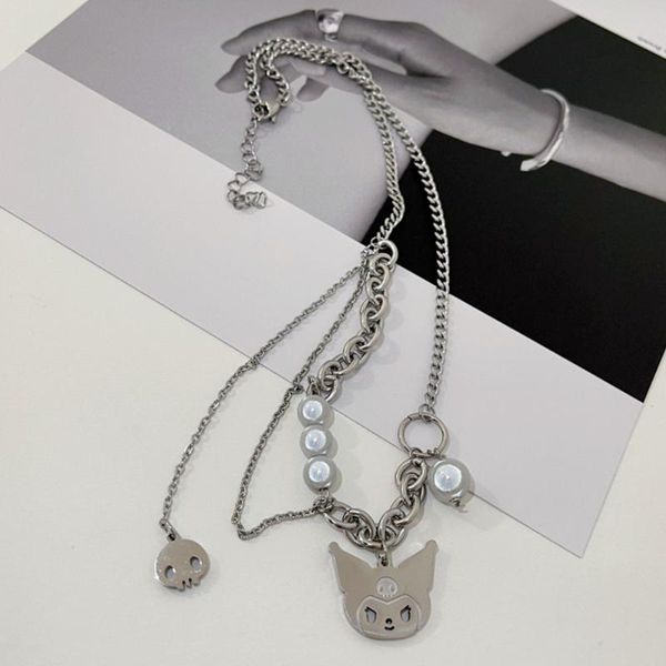

pendant necklaces 2021 japanese and korean ladies banquet titanium steel cat necklace fashion trend pearl stitching clavicle chain, Silver