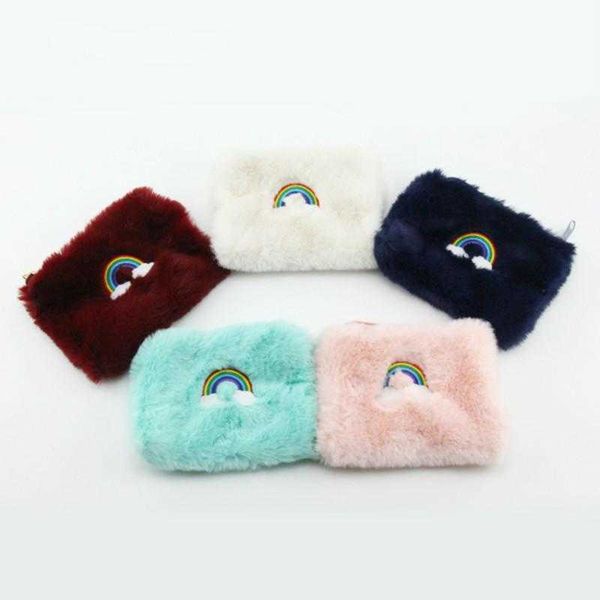 

fur women plush coin purses rainbow purse for girls students faux hand bag zipper coins change pouch lady long day clutches 20x14cm, Red;black