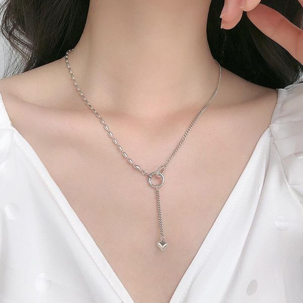 

pendant necklaces tassel heart necklace for women double ring love kpop trendy choker ladies jewlery collares collier, Silver