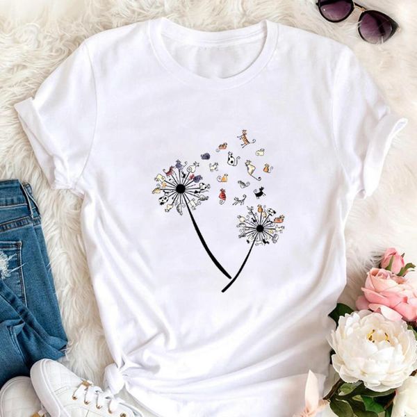 

women's t-shirt flower with cute cats printed 100%cotton tshirt cat mom life funny summer casual o-neck short sleeve lover gift, White