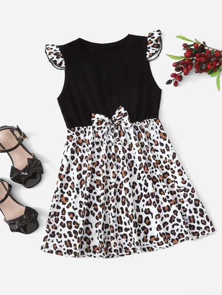 

toddler girls 1pc leopard print ruffle sleeve bow front dress she, Red;yellow