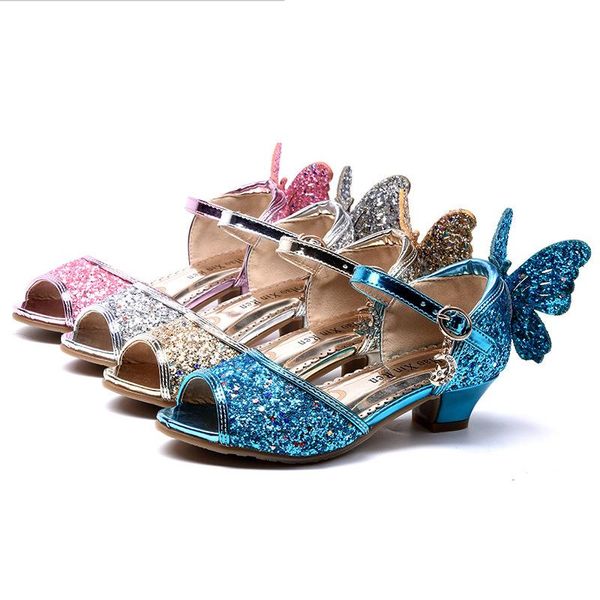 

summer kids shoes for girls princess casual glitter children high heel butterfly knot blue pink silve flat, Black;grey
