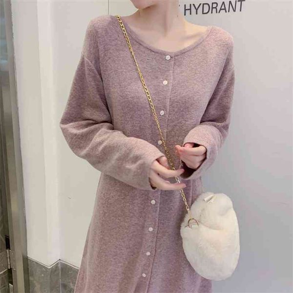 

casual o neck knitted midi dress women long sleeve button up sweater es autumn solid color chic with belt 210515, Black;gray