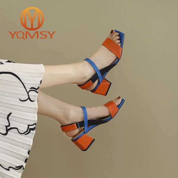 

fashion women sandals genuine leather square heel hook loop metal decoration casual party mixed color shoes as145, Black