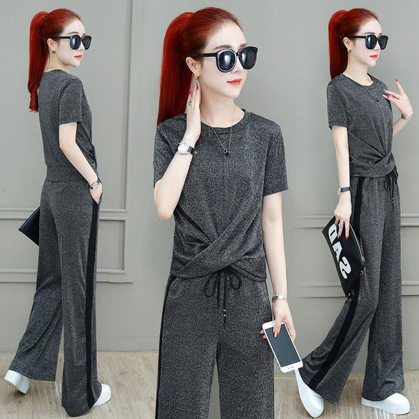 

women's two piece pants summer style korean drape high waist slimming short-sleeved wide-leg casual sports suit women, White