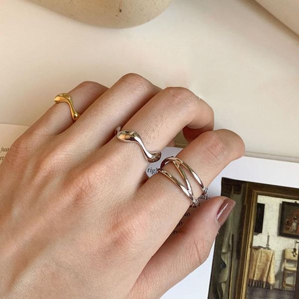 

cluster rings minimalist silver gold color open circle glossy irregular line wave for women simple joint cuff ring jewelry 2021, Golden;silver