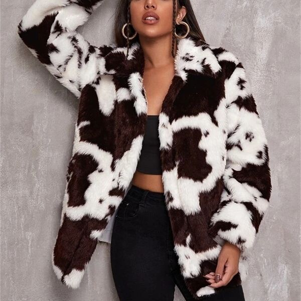 

autumn and winter 2021 new harajuku style cow pattern black white imitation fur coat women's jacket loose student hip-hop dance