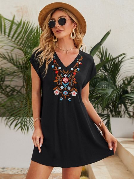 

batwing sleeve floral embroidery dress i39z#, Black;gray