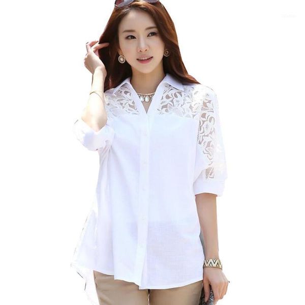 

women's blouses & shirts plus size women white cotton lace patchwork turn-down collar half sleeve fashion loose long femme -4xl