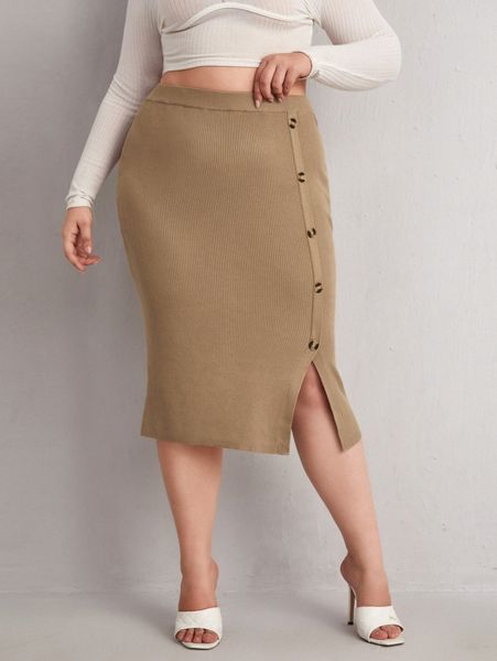 

plus button detail split hem ribbed knit skirt j2ev#, Black