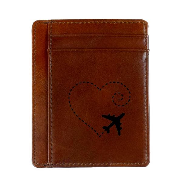 

card holders engraved picture holder genuine leather wallet airplane drawing a heart swirl love sweet, Brown;gray