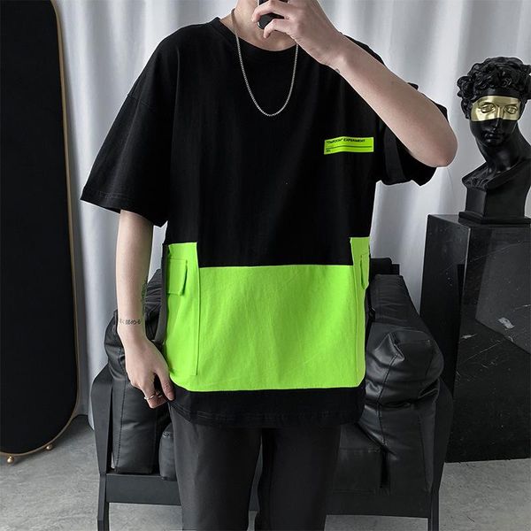 

men's t-shirts 2021 cool fashion tech wear short sleeve o neck men t shirt summer black patchwork oversized punk japanese streetwear hi, White;black