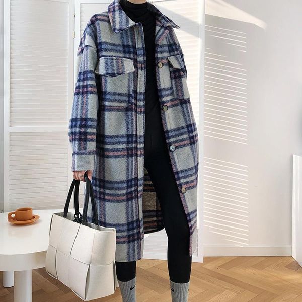 

women's wool & blends 2021 retro plaid woolen coat mid-length autumn and winter korean style thick stitching lapel straight, Black