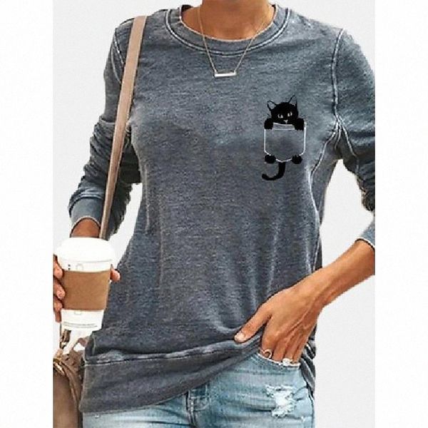 

cute black cat print o-neck t-shirt a2pl#, White