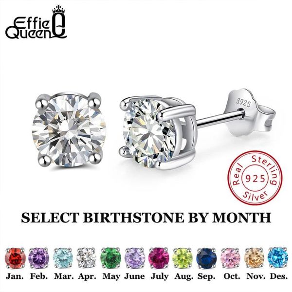 

effie queen 925 sterling silver 12 color month birthstone stud earrings cubic zircon earring women jewelry accessories kse84, Golden;silver