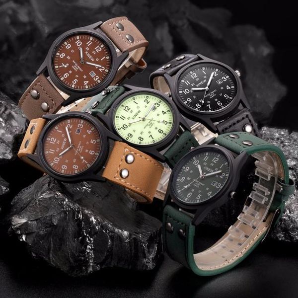 

wristwatches vintage classic men's watches date leather strap sport quartz army watch men analog wrist fashion clock reloj gifts, Slivery;brown