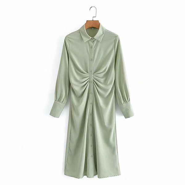 

casual dresses 2021 women's fashion neutral minimalism wind light green chest folds single row buttons lapel shirt dress, Black;gray