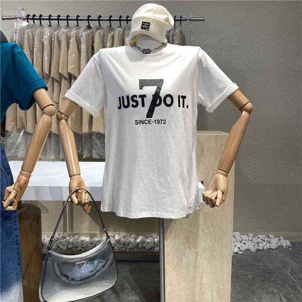 

polos nicho original design the foreign style loosely t shirt trend letter short round goal top, White