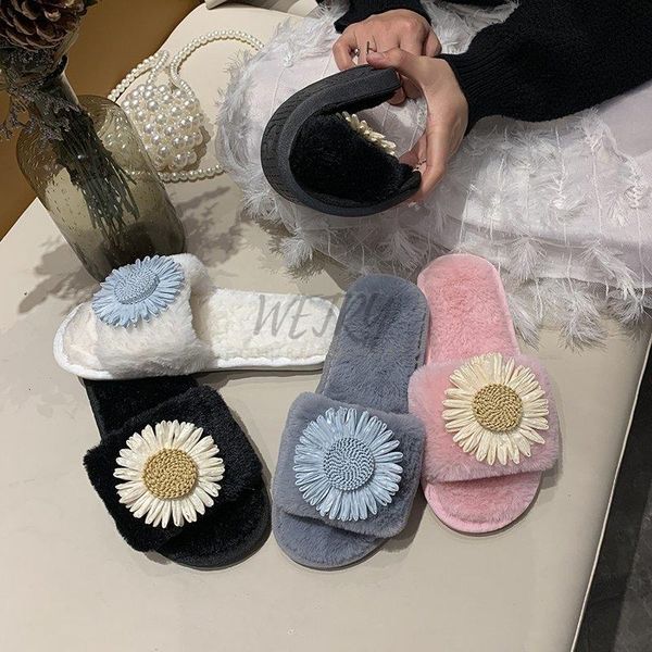 

solid color faux fur slides summer home furry flat sandals indoor slippers casual luxury fluffy flip flops, Black