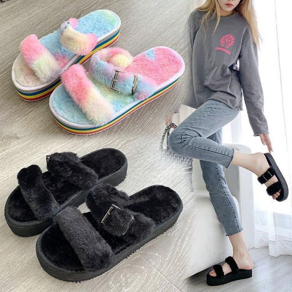

women's shoes for fall/winter style color thick-soled flat-bottomed fluffy slippers wild personality, Black