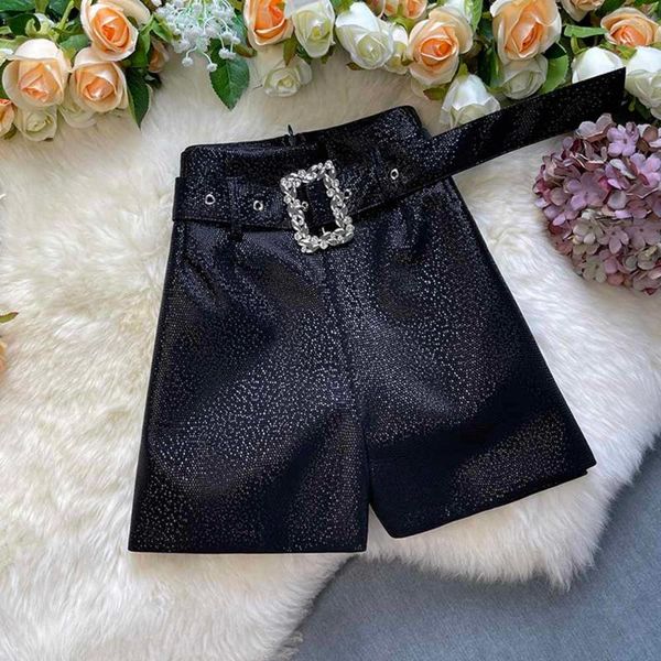 

women's shorts pu with diamond belt streetwear zipper women all-match wide leg bottoms female a-line short pants, White;black