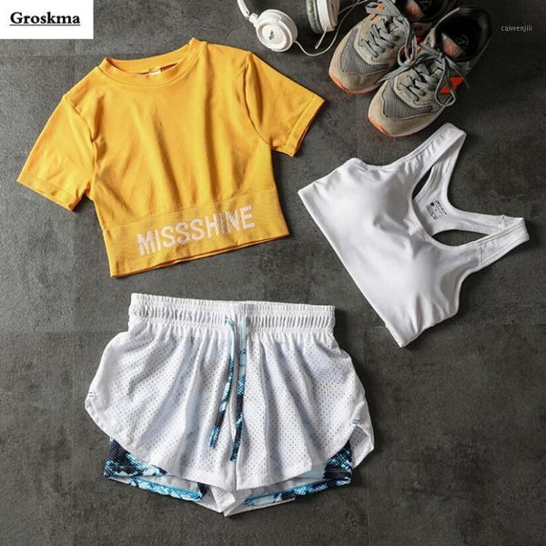 

arrival women yoga 3 piece set fitness gym crop t shirt+bra+shorts quick dry outdoor sportswear clothing running sets1, White;red